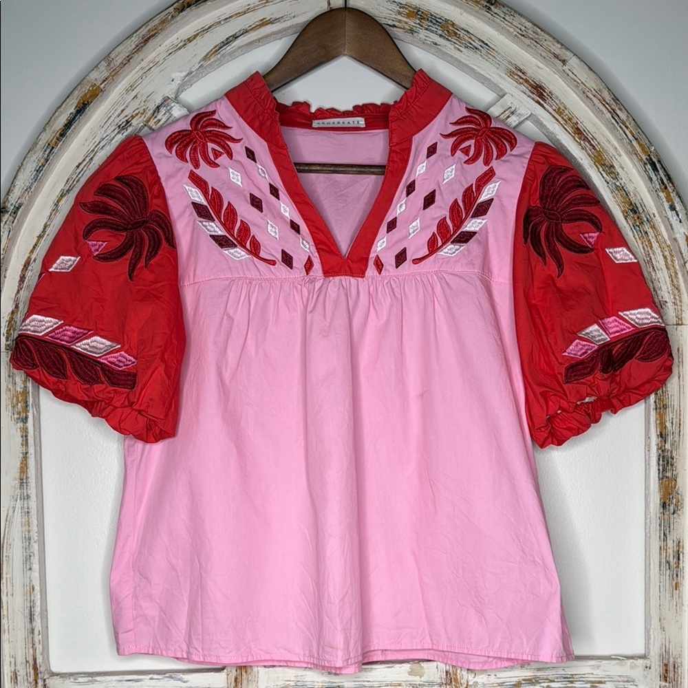 Vibrant Pink and Red Embroidered Blouse